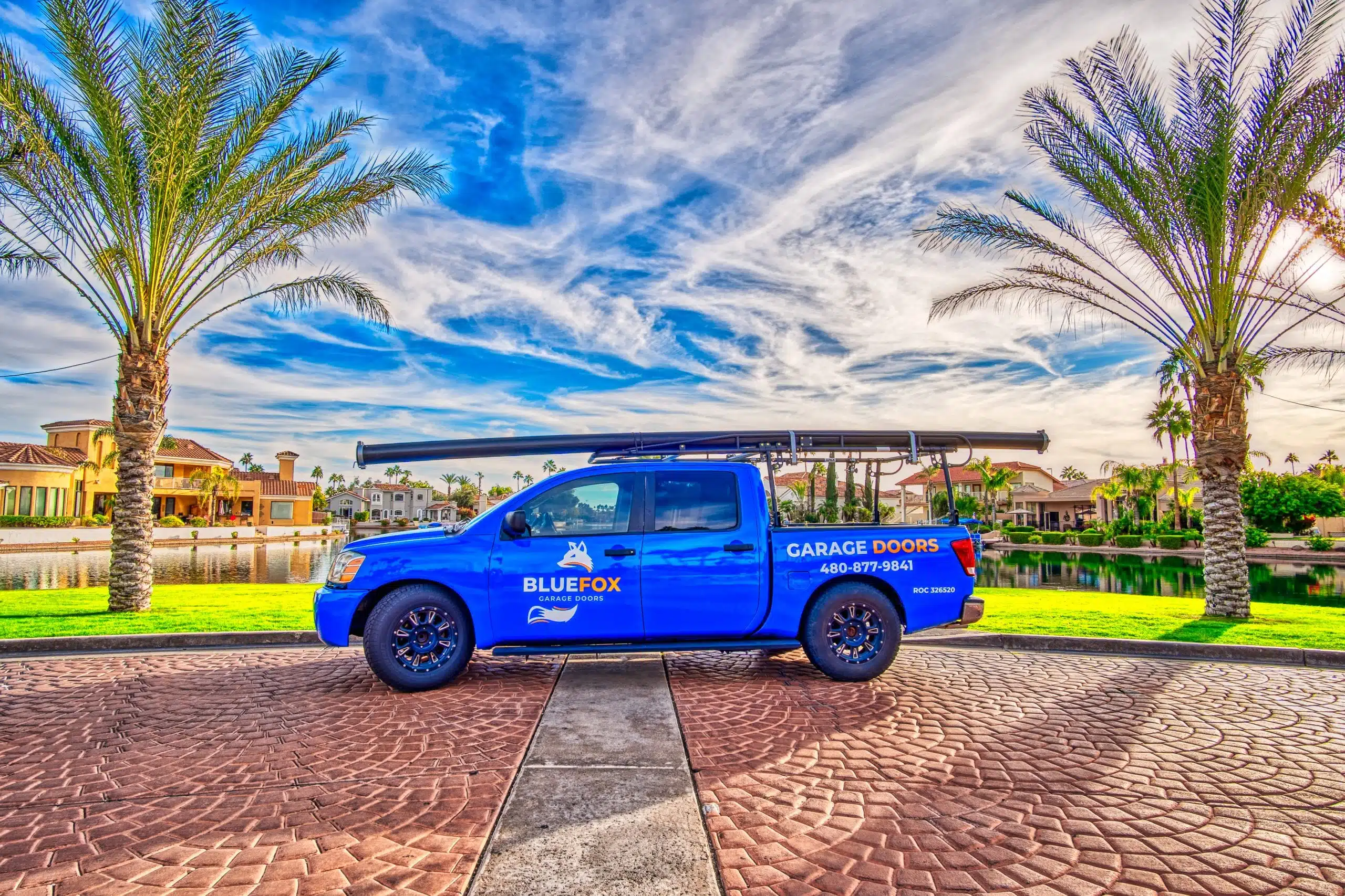 Blue Fox Garage Doors service truck on a job in Gilbert